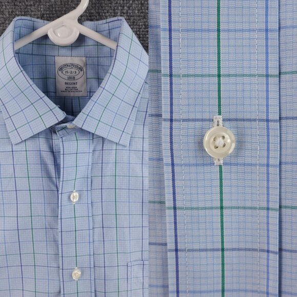 Brooks Brothers Check Cotton Regent 15 2/3 Non-Iron Blue Office Shirt Mens Adult - Picture 1 of 16